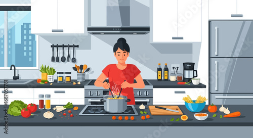 Young woman happily preparing a delicious homemade meal, stirring fresh vegetables in a pot for a healthy lifestyle in a modern kitchen setting