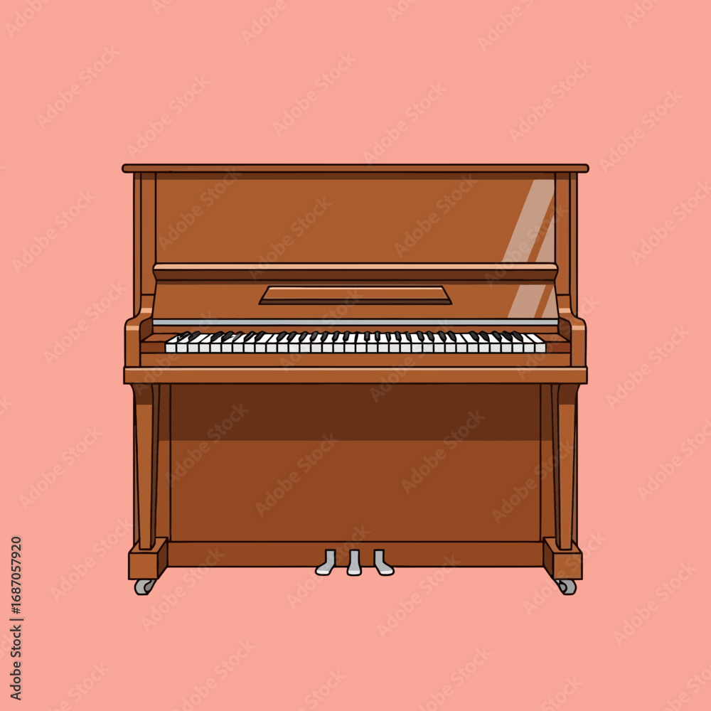 Fototapeta premium A vibrant cartoon illustration displays a classic brown upright piano with a full keyboard and pedals, perfect for musical themes, education, and creative design.