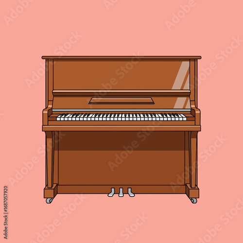 A vibrant cartoon illustration displays a classic brown upright piano with a full keyboard and pedals, perfect for musical themes, education, and creative design.