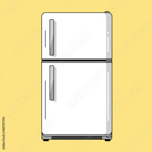 A modern, white, two-door refrigerator stands prominently on a vibrant yellow background, representing essential home appliances and kitchen convenience.