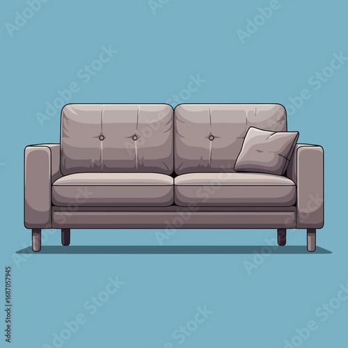 A stylish and comfortable two-seater sofa, featuring a decorative throw pillow, is presented as an illustration on a solid blue background.