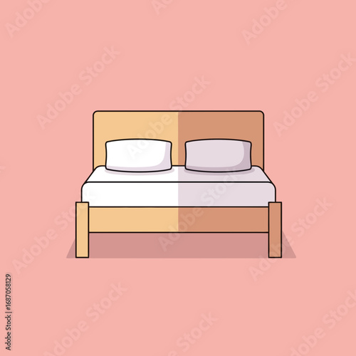 A minimalist flat design illustration of a cozy double bed with two pillows and a blanket, set against a calming pink background, ideal for home decor.