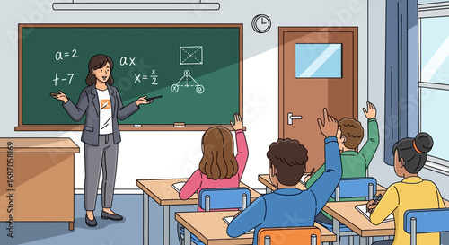 Animated classroom scene teacher at blackboard instructs students, hands raised, for active and interactive learning. Fostering educational engagement and development