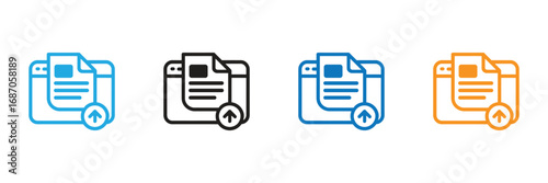 Four Color Variations of a Web Document Upload Icon This image shows four variations of a simple icon depicting a web document being uploaded.