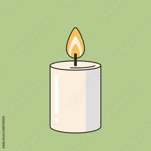 A simple, clean illustration of a lit white pillar candle with a warm, glowing flame, symbolizing peace, comfort, and tranquility.