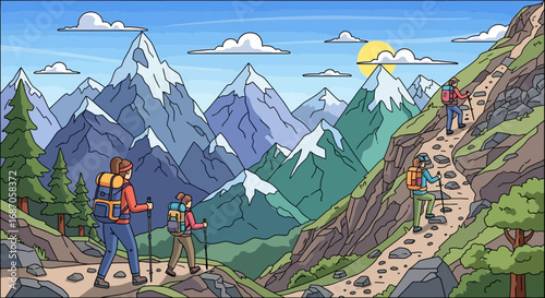 Vibrant cartoon illustration of a group of hikers ascending a mountain trail with majestic peaks in the background
