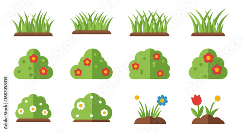 Grass and Bushes Garden Flat Icon Collection Vector