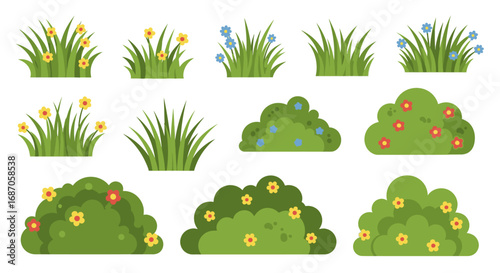 Floral Meadow Clumps Illustration: Green Tufts with Blooms