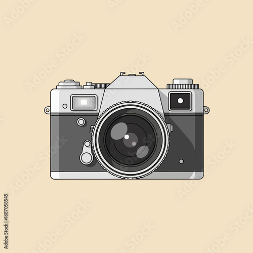 A beautifully rendered illustration of a classic vintage film camera, featuring its iconic lens and flash, evoking nostalgia for traditional photography.