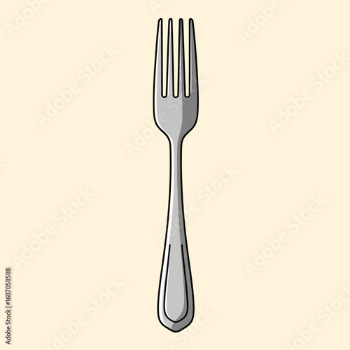 A sleek, silver dining fork with four tines stands upright on a plain background, representing essential kitchen cutlery and elegant mealtime utensils.