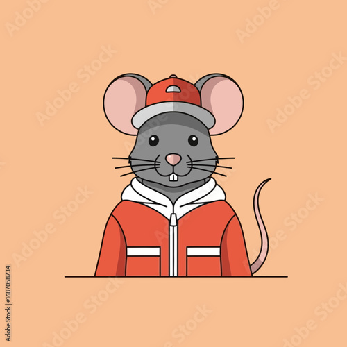A charming and stylish cartoon rat character, sporting a trendy red baseball cap and a matching zip-up jacket, poses confidently against a warm, minimalist background.