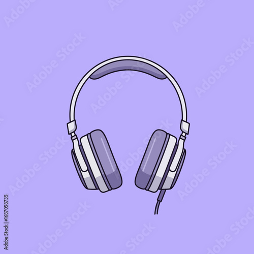 A stylish pair of modern over-ear headphones in white and purple, rendered in a clean cartoon illustration style on a vibrant lavender background, perfect for music.