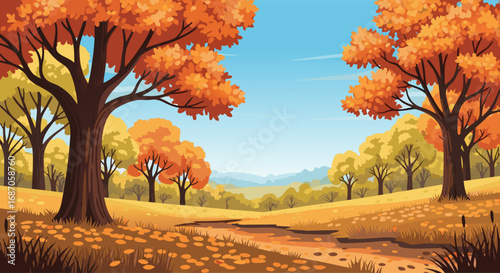 Autumnal Vista A Serene Landscape of Fall Foliage and Golden Hues Under a Clear Sky
