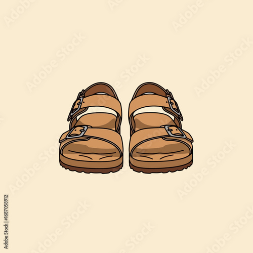 Illustrative vector of a comfortable pair of stylish brown leather sandals with adjustable buckles, ideal for casual summer wear and relaxed outdoor activities.