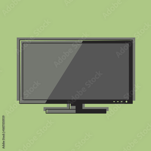 A sleek, modern flat-screen television with a reflective display stands prominently against a vibrant green background, symbolizing contemporary media and entertainment.