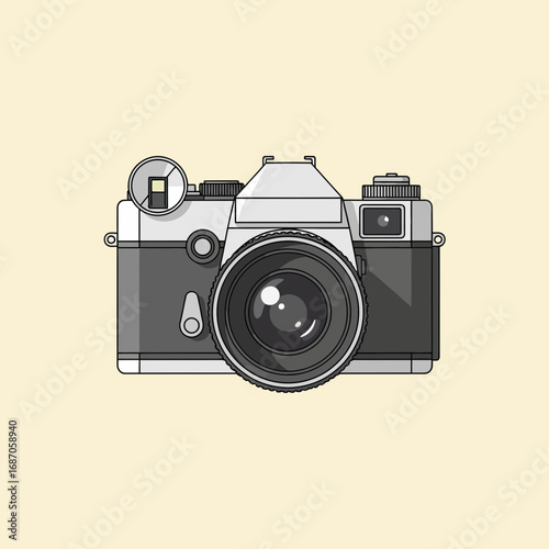 A beautifully rendered flat design illustration of a classic vintage analog film camera, perfect for capturing nostalgic photography and creative projects.