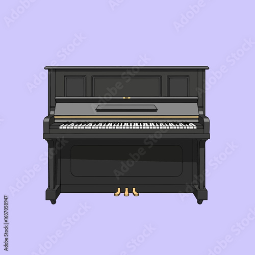 A beautifully rendered black upright piano stands prominently against a soft lavender background, ready to create harmonious melodies and classical compositions.