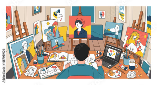 The vibrant and busy creative studio of a young artist at work, drawing and painting surrounded by his colorful canvases and easels