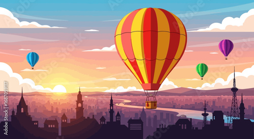 Colorful hot air balloons majestically float over a serene city skyline bathed in the golden hues of sunset, an enchanting travel illustration offering a sense of whimsical adventure
