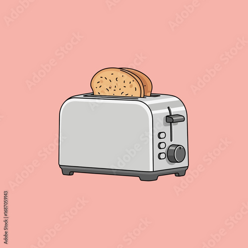 A charming cartoon illustration features a classic silver toaster with a perfectly golden brown slice of bread popping out, ready for a delicious breakfast.