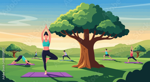 A serene outdoor yoga session with individuals practicing various poses under a large tree with rolling green hills in the background