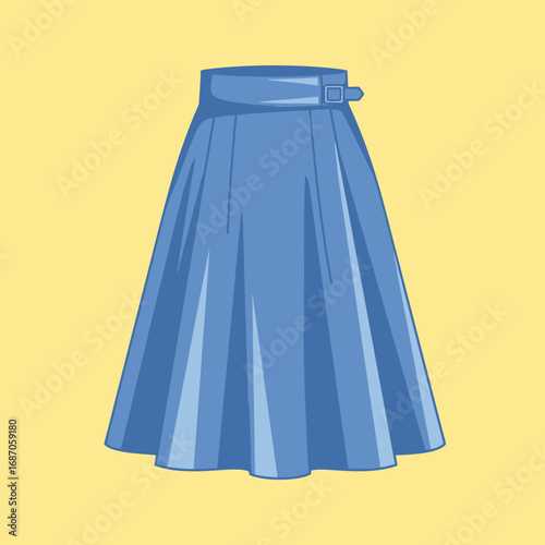 A stylish blue A-line skirt, elegantly illustrated with a subtle belt detail, perfect for fashion design, clothing catalogs, and contemporary style guides.