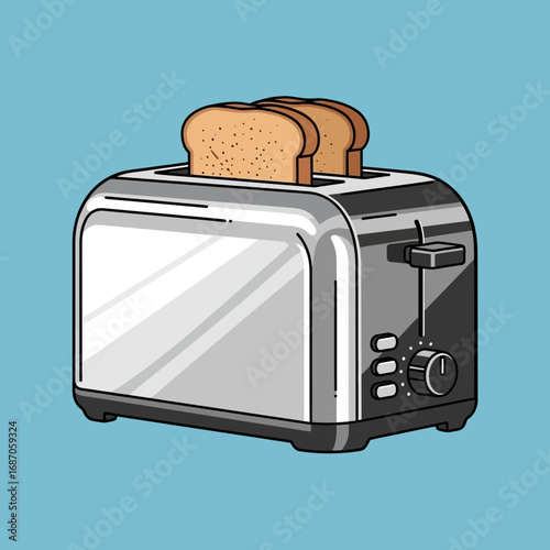 A sleek, modern silver toaster with two golden-brown slices of toast emerging, presented as a crisp cartoon illustration on a clean blue background, ideal for breakfast.