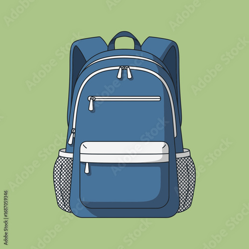 A vibrant blue backpack with multiple compartments and zippers stands ready for adventure or daily school use, isolated on a simple green background.