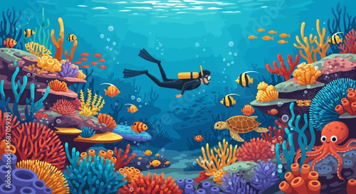 Underwater exploration of vibrant coral reefs teeming with marine life, featuring a diver observing colorful fish and sea creatures in their natural habitat