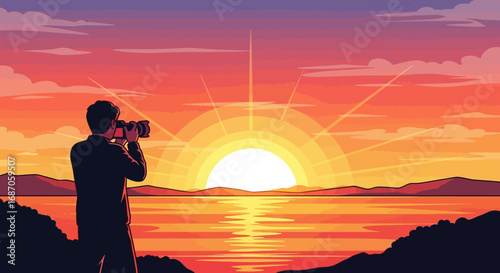 Vector illustration of a photographer capturing a beautiful and vibrant sunrise over the ocean with mountains in the background