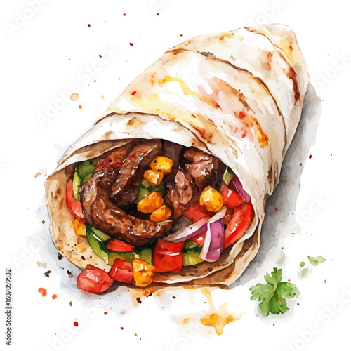 Shawarma, watercolor vector, isolated on a white background.