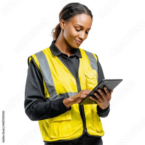 female warehouse worker holding tablet on transparent png background