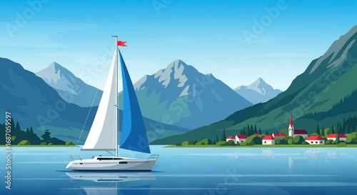 Serene sailing adventure on a crystal-clear lake with a charming village nestled at the foot of majestic mountains