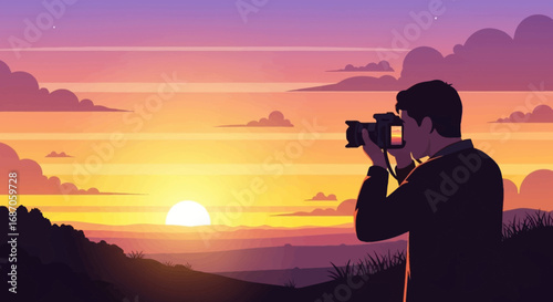 Illustrative silhouette of a photographer capturing the serene beauty of a golden hour sunset over rolling hills