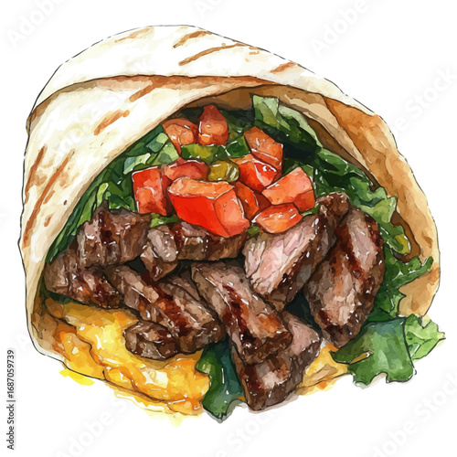 Shawarma, watercolor drawing vector, isolated on a white background.