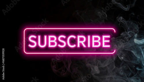 Neon pink subscribe button on a dark background with smoke