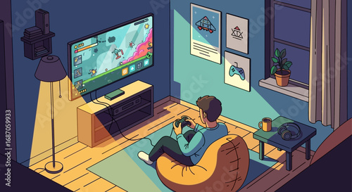 Cozy Living Room Scene with Person Playing Video Games on Large TV