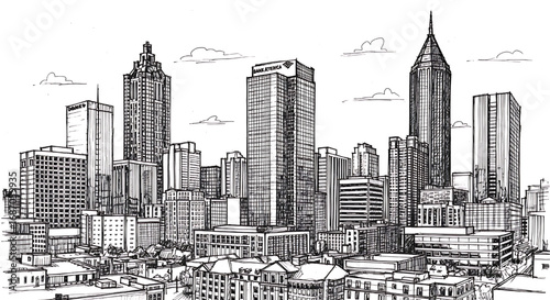 Sketch of the Atlanta, Georgia skyline. A detailed hand-drawn black and white vector illustration of the southern capital's modern architecture.