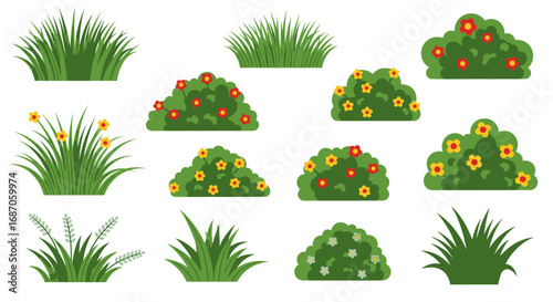 Green foliage vector set grass bushes flowering plants isolated