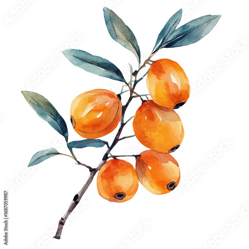 Sea Buckthorn, watercolor painting vector, isolated on a white background.