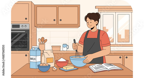 Young man wearing an apron happily whisking batter in a bowl, following a recipe to bake a cake in a home kitchen