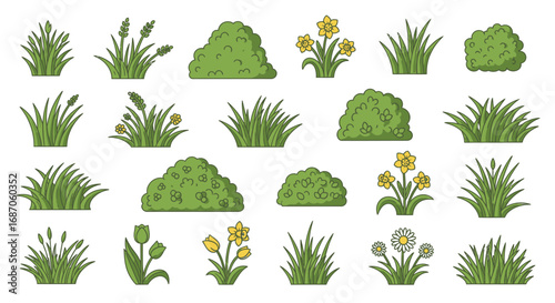 Cartoon Greenery Seamless Pattern with Bushes Grass and Flowers