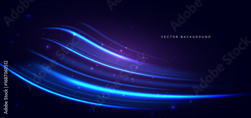 Blue light glowing  curved rays on dark background.