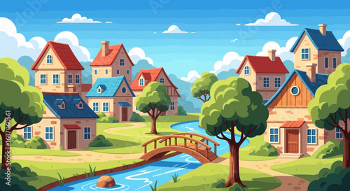 Picturesque cartoon village scene with colorful houses, a winding river, and a small wooden bridge under a clear blue sky