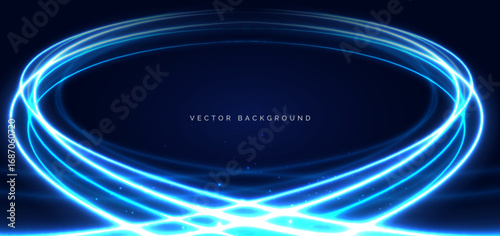 Blue light glowing  curved rays on dark background.
