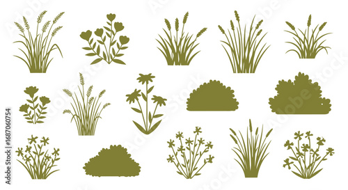 Ornamental Green Plant Silhouettes Variety Vector