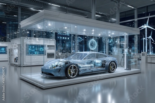 Futuristic Electric Vehicle Concept in Transparent Showcase Display
