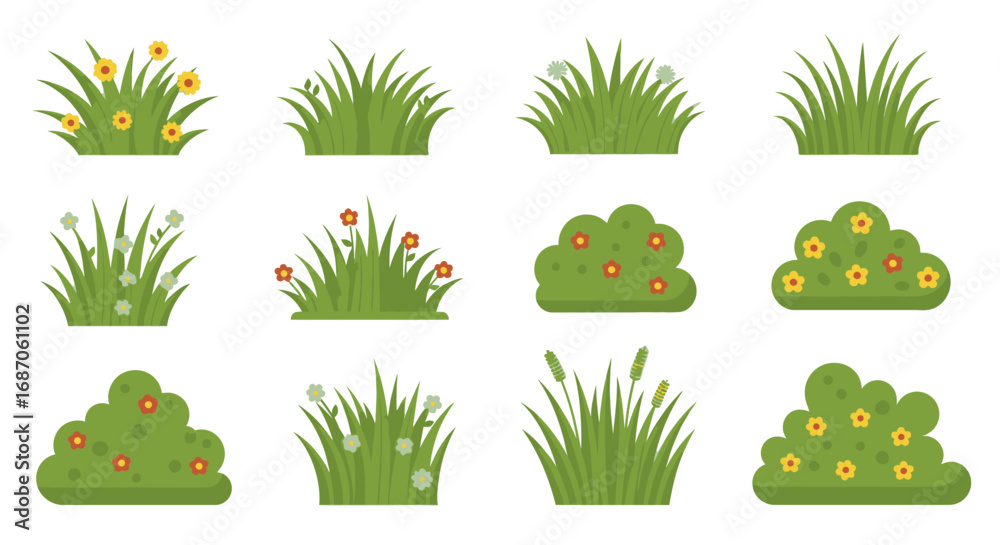 Obraz premium Decorative Garden Grass and Bushes Cartoon Vector Illustration