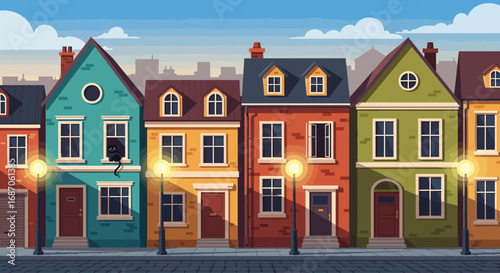 Charming vector illustration of a quiet city street with a row of colorful houses on a cobblestone road