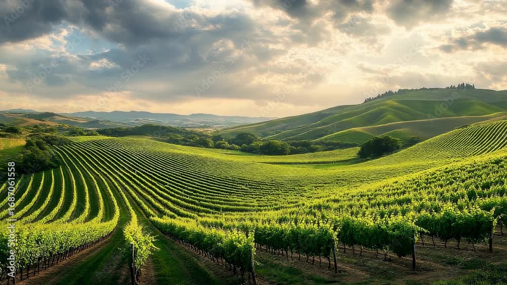 custom made wallpaper toronto digitalScenic Vineyard Landscape Under a Cloudy Sky, Rolling Hills and Agricultural Beauty